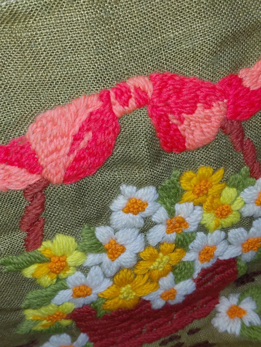 Vintage Handcrafted Olive/Khaki  Floral Wall Hanging
